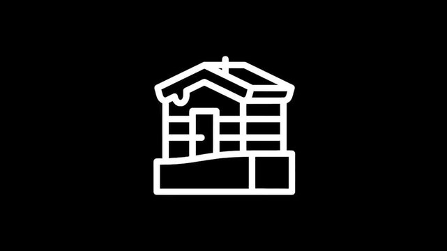 Simple line art icon of a small wooden cabin covered in snow on a dark background