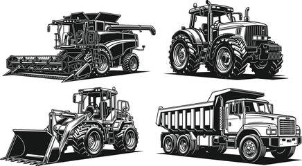 Heavy construction and agricultural machinery illustration set featuring tractor, combine harvester, wheel loader and dump truck detailed vector line art isolated on white  © Shoentesh