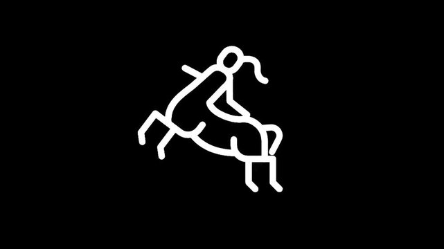 Minimalist white line art of a centaur in motion against a black background