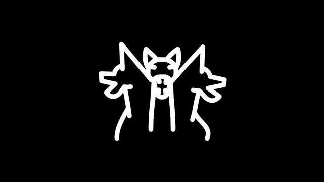Minimalist white line art of a three-headed dog against a black background