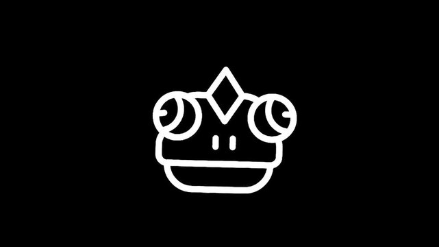 Stylized white line art of a frog's face with large eyes and a diamond on its forehead