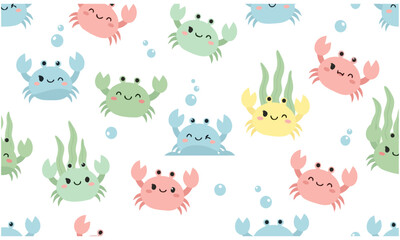 Obraz premium Cute Crab Seamless Pattern Pastel Ocean Animal Vector Sea Crab Repeating Background Marine Life Cartoon Illustration Kids Textile Design