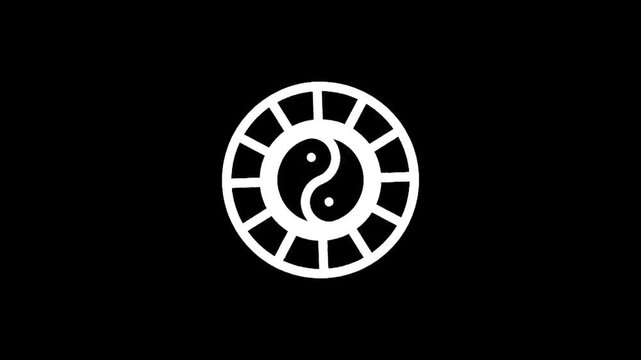 White yin yang symbol within a segmented circle on a black background
