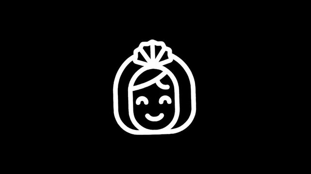 Simple white line art icon of a smiling woman's face with hair tied up
