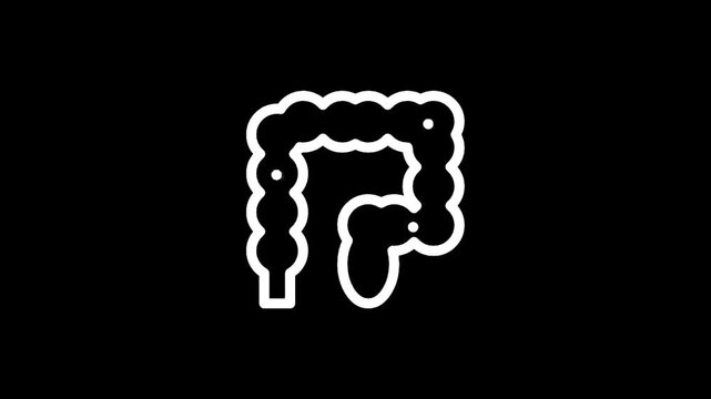 Simple white line icon of the human colon on a black background