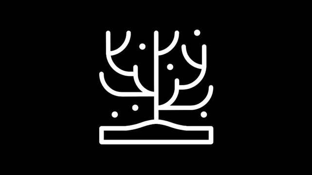 Stylized white line art of a bare tree with small dots representing falling snow or seeds