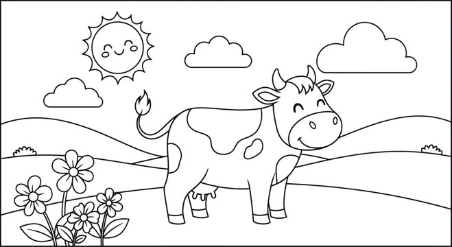 Colour book cow in a sunny field colouring page for kids