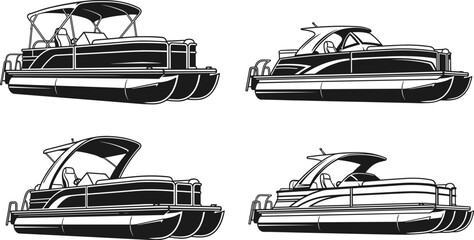 Pontoon boat silhouettes collection featuring modern leisure motorboats with canopy seating design, marine vector illustration set isolated on white background © Shoentesh