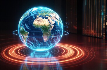 Digital Earth rotates on glowing rings surrounded by server racks in