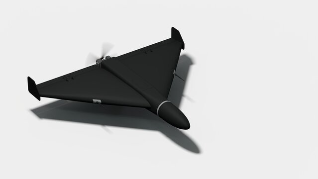 Military Drone with Delta Wing Design on Black Background - 3D rendering on light gray background