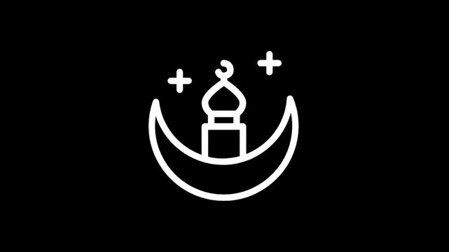 Islamic crescent moon with mosque dome and stars, minimalist white line art on black