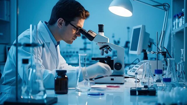 Scientist in lab coat examines sample under microscope with various equipment around him.
