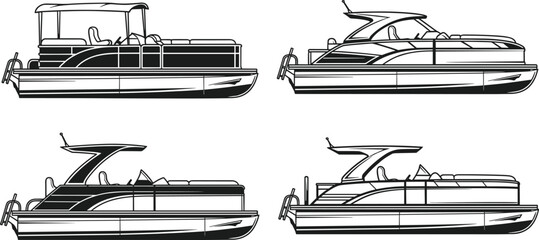 Pontoon boat vector illustration set featuring modern leisure motorboats with canopy and seating, side view line art collection isolated on white background © Shoentesh