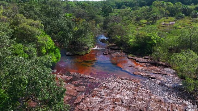 Aerial view over Ca&ntilde;o Sabana shows a vibrant river channel surrounded by dense forest, capturing the wild beauty of Colombia&rsquo;s tropical interior.