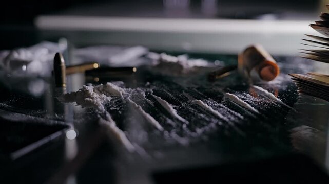Dark scene, narcotics ammunition and money representing global conflict economy