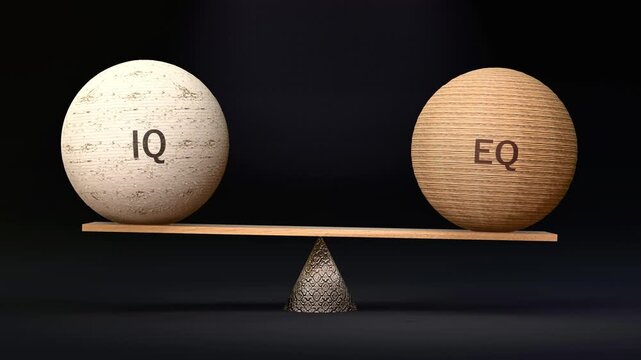 Iq and Eq in balance - balancing spheres on a scale symbolizing harmony, equity and equilibrium between iq and eq. Harmonious and beneficial situation. Made by human for humans