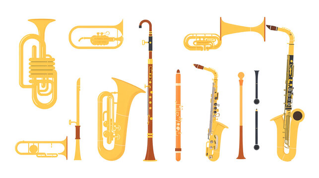 Vector art of collection of various brass and woodwind musical instruments including trumpets, tubas, clarinets, and saxophones, presented as simple icons on a plain background