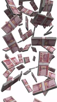 Vertical Afghanistan Money, Falling Afghan Afghani, AFN Cash Isolated on White, 4K Motion
