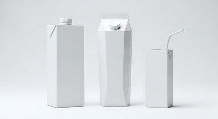 Three blank white beverage cartons, minimalist packaging design with caps and straw.