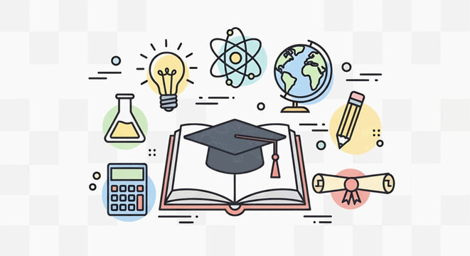 Graduation ceremony with academic symbols and objects on a table