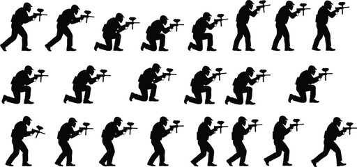 Paintball player silhouettes set showing athletes aiming and shooting marker gun isolated black vector illustration collection for action sport design © Hello there