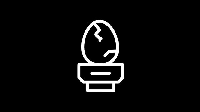 Simple white outline icon of an egg on a pedestal against a black background