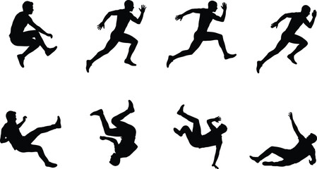 Man Running Jumping and Falling Silhouette Set, Athlete Action Poses for Sports Vector Illustration