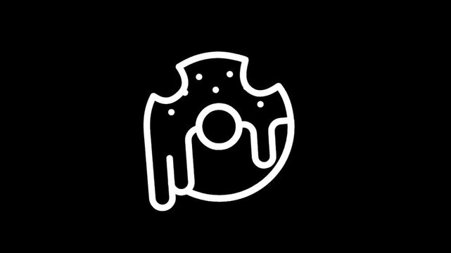 Stylized white outline of a bitten donut with dripping glaze on a black background