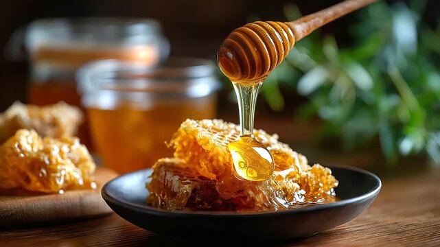Vertical video of honeycomb with fresh honey from honeycombs, healthy food concept and diet, natural sweetener vertical format, with copy space
