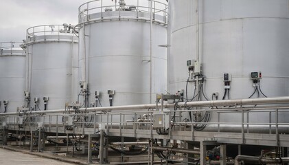 Medium shot of a smart dosing IoT tank farm with sensors tracking realtime chemical levels showcasing seamless integration of bulk storage and quality monitoring technology.