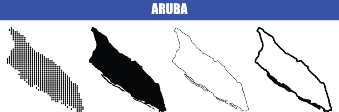 Aruba map graphic set with black silhouette minimalist outline white fill and halftone dot pattern on checkered background vector