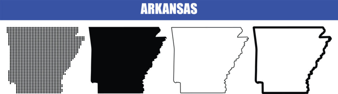 Arkansas map set with black silhouette thin outline white fill and halftone dot effect on checkered background for regional projects