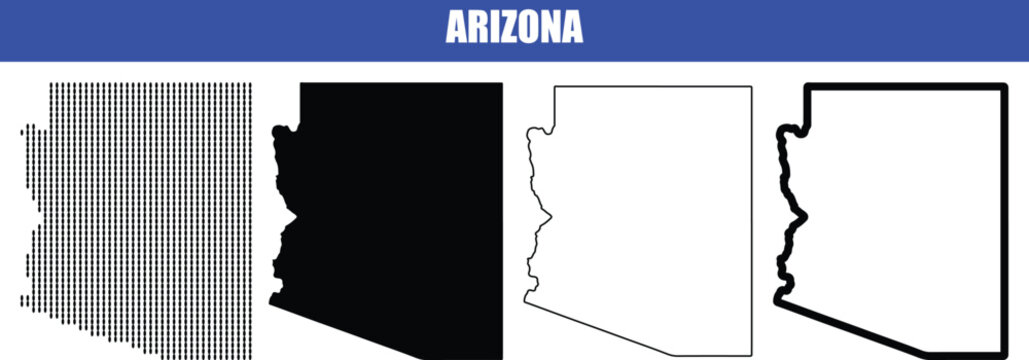 Arizona map collection including black silhouette outline contour and halftone dot patterns on transparent background for us state