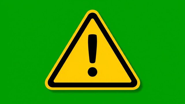 Warning sign flashing with exclamation mark over green screen background for alerts and danger notifications animated motion graphic footage