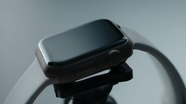 Vertical video: Moving camera rig revealing smartwatch on clamp in studio for product reveal