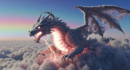 Naklejka premium Majestic white dragon with glowing eyes and lightning soaring above fluffy clouds under a vibrant rainbow sky
