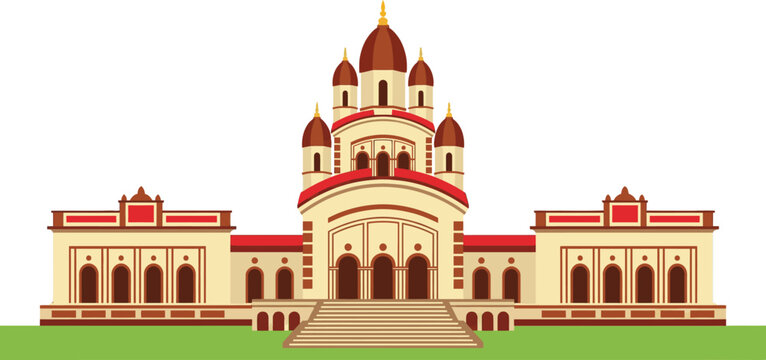 Majestic traditional Hindu architecture of the famous historic Dakshineswar Kali Temple in Kolkata West Bengal India featuring beautiful red spires and tall arches.
