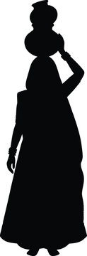 Black silhouette of a traditional Indian village woman wearing a saree carrying two water pots stacked on her head balancing them gracefully for rural lifestyle art.