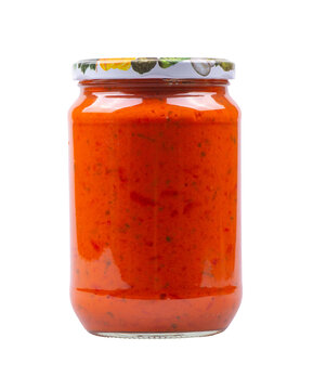 Glass Jar of Traditional Homemade Ajvar Red Pepper Spread on Transparent Background PNG