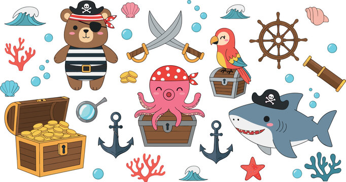Cute pirate adventure collection with bear pirate shark octopus treasure chest parrot anchor and ocean elements vector illustration set