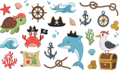 Cute pirate ocean adventure elements with dolphin crab turtle treasure map anchor waves nautical cartoon vector illustration set © Honey!