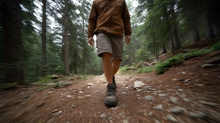 Fototapeta premium Dynamic low angle view of a person hiking on a forest trail amidst pine trees