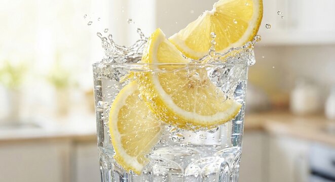 Fresh lemon slices splashing into sparkling water close up