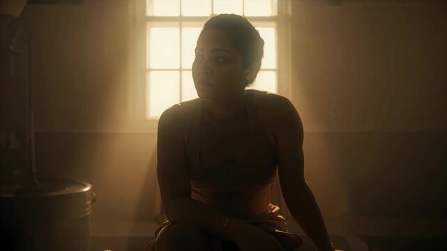 Hearing offscreen sound, woman in tank top and shorts shifting, relaxing on metal chair by window