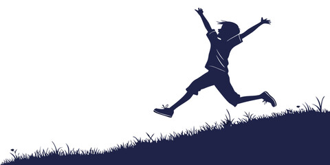 Silhouette of a joyful child jumping on a grassy hill with arms outstretched in excitement and freedom © Mamun