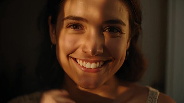 Smiling woman with hoop earring, thin strap top tucking hair by window, sun casting striped shadows