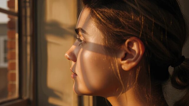 Turning woman gazing out window as warm sun pouring through grid, casting bands, wearing hair tie