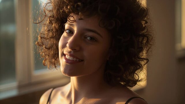 Smiling woman with forehead curl in window sunlight, adjusting hair, tilting, wearing thin straps