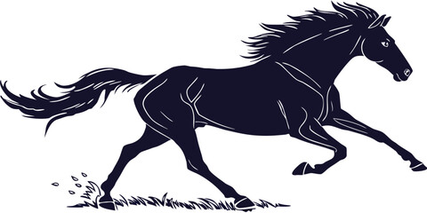 A black horse is running with its mane and tail flowing in the wind © Mamun