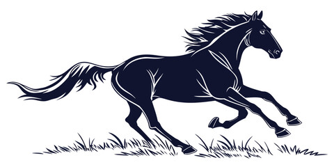 A black horse running in the grass with a flowing mane and tail © Mamun